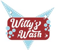 A red and blue logo for a car wash called willy 's wash.