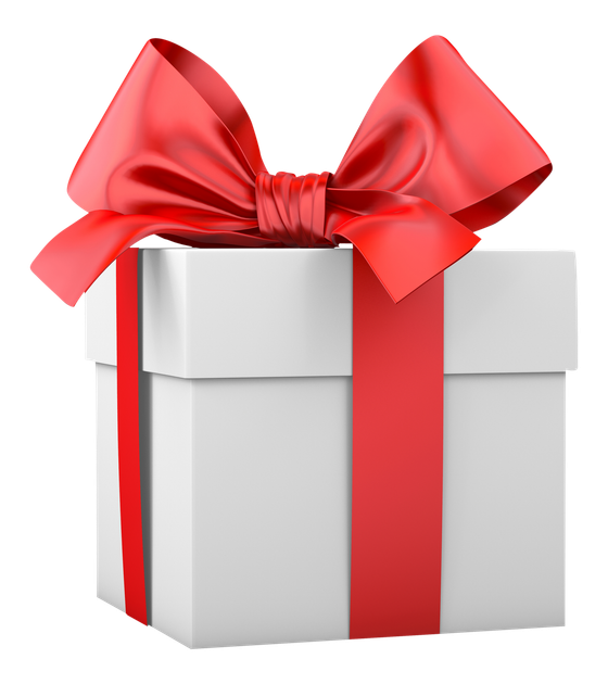 A white gift box with a red ribbon and bow