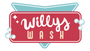 The logo for willy 's wash is a red and blue sign with bubbles.
