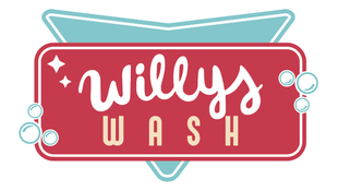 The logo for willy 's wash is a red and blue sign with bubbles.