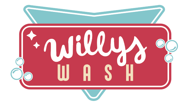 The logo for willy 's wash is a red and blue sign with bubbles.