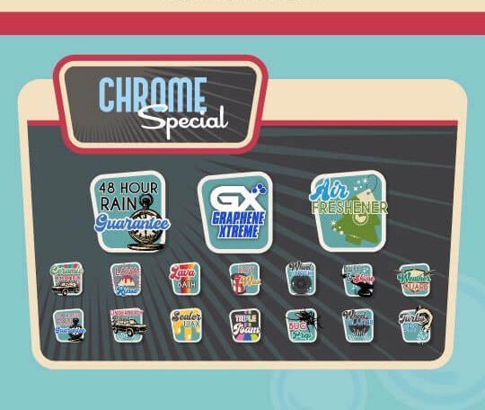 A display of chrome special icons including 48 hour rain and graphene