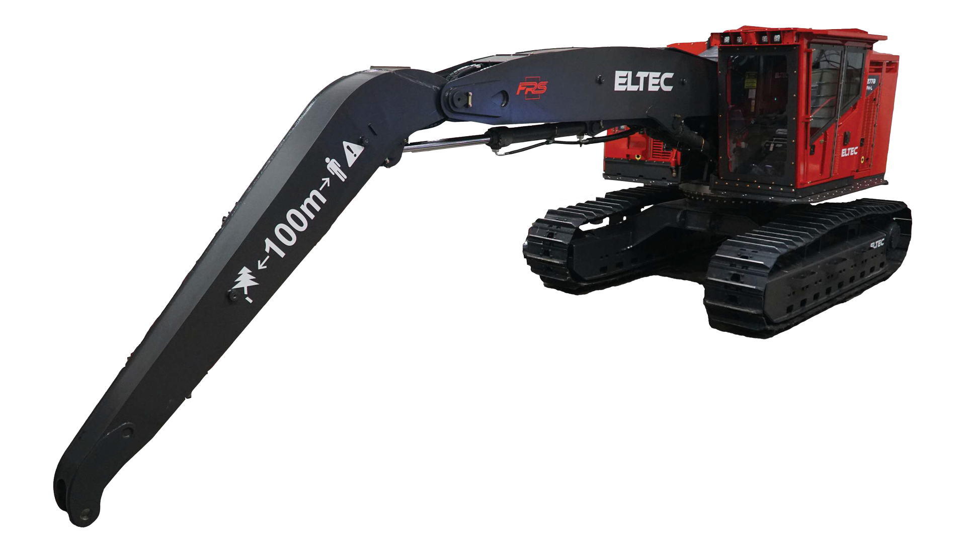a red and black excavator with a long arm is sitting on a white background .