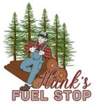 a logo for hunk 's fuel stop with a lumberjack sitting on logs