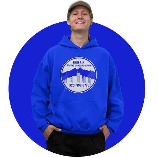 A man wearing a blue hoodie that says tbd air