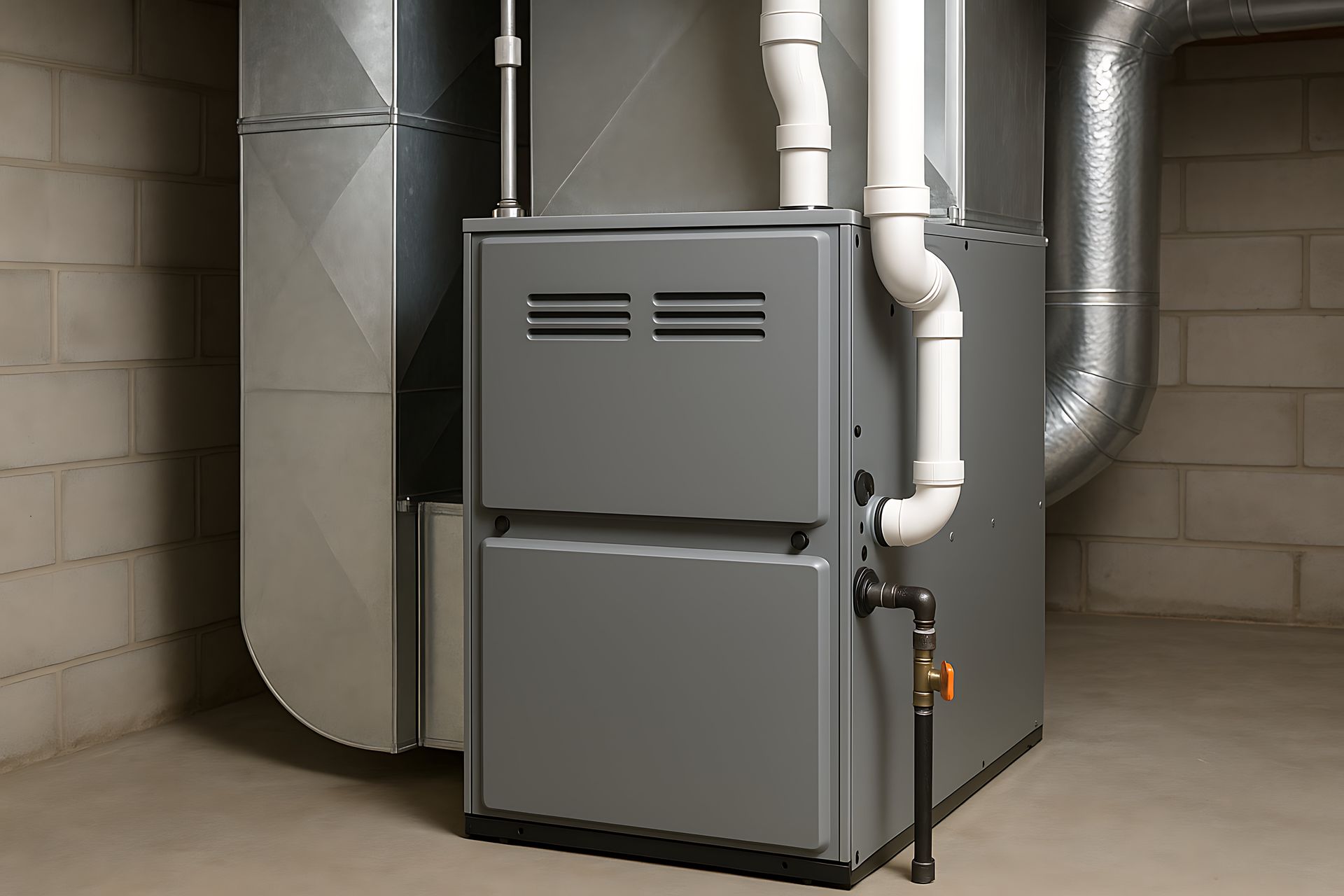 Gray furnace with attached ductwork in a basement setting.