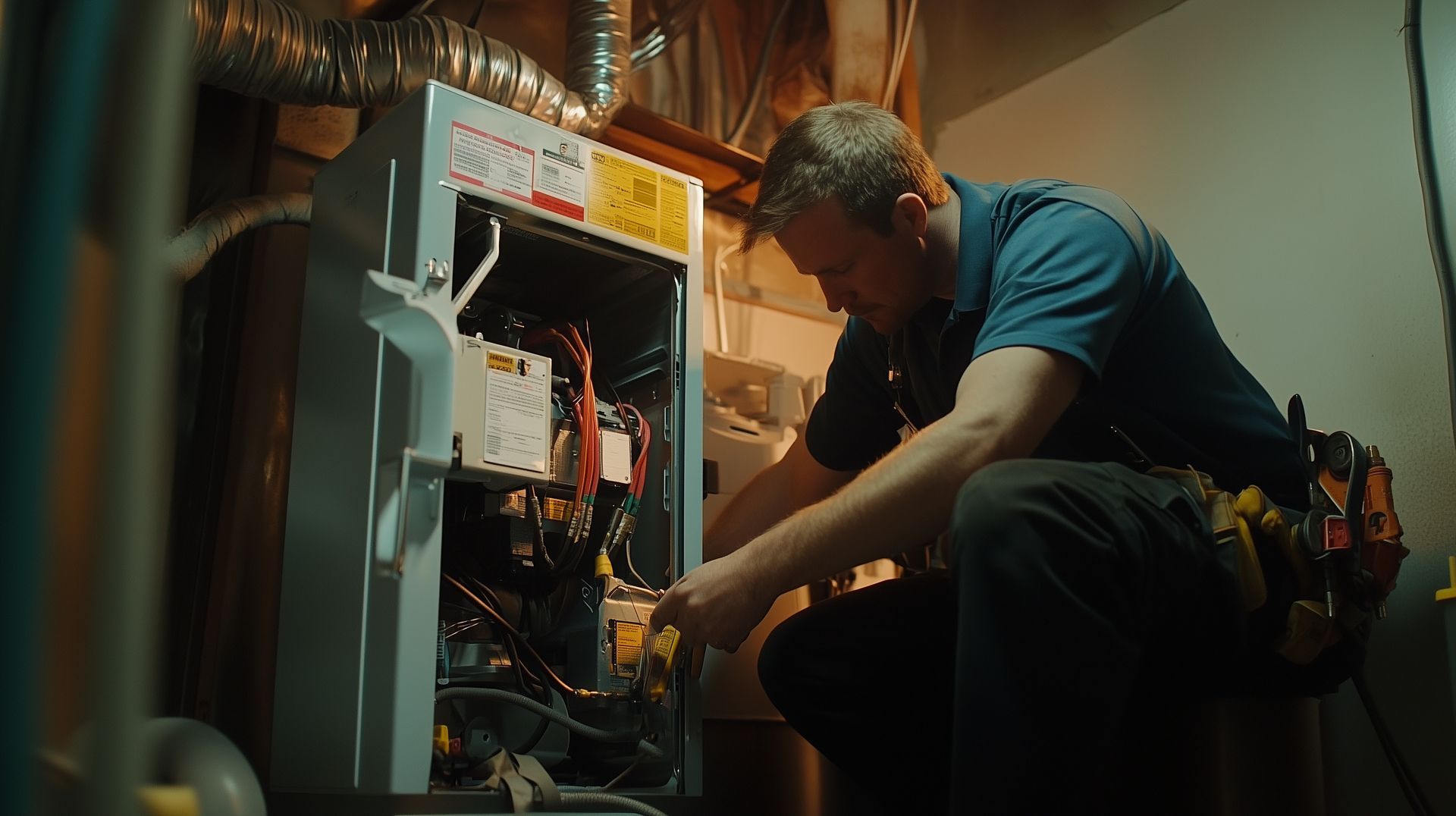 HVAC technician in a basement, repairing a furnace, using tools.