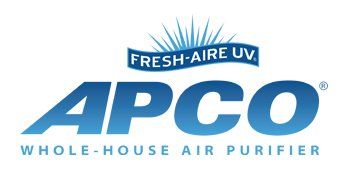 Logo for APCO Whole-House Air Purifier, with blue text and a sunburst graphic above the brand name
