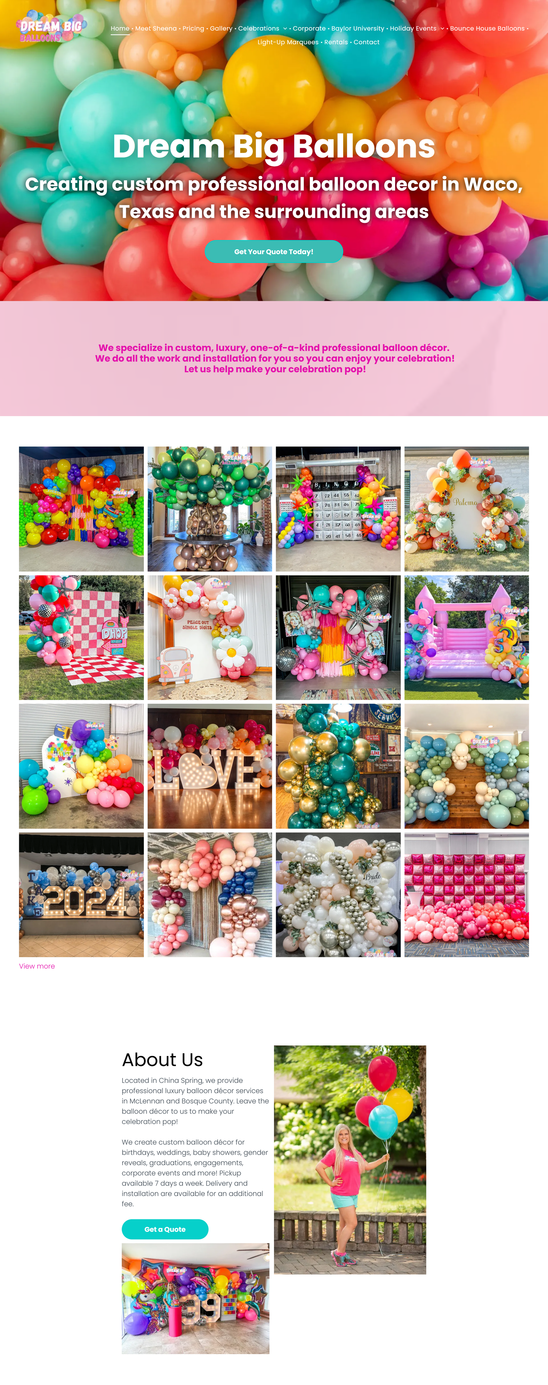 A screenshot of the Dream Big Balloons Waco website.