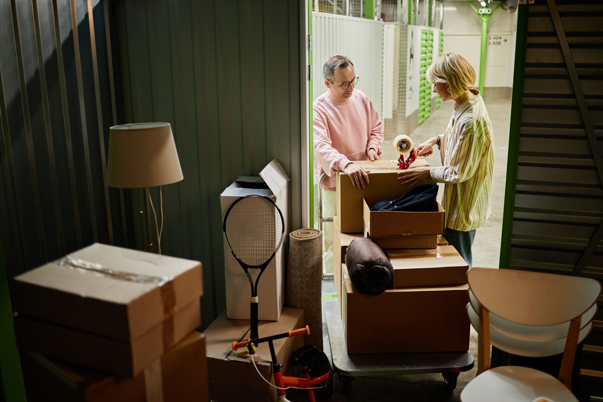 A couple is storing furniture and boxes in a storage unit.
