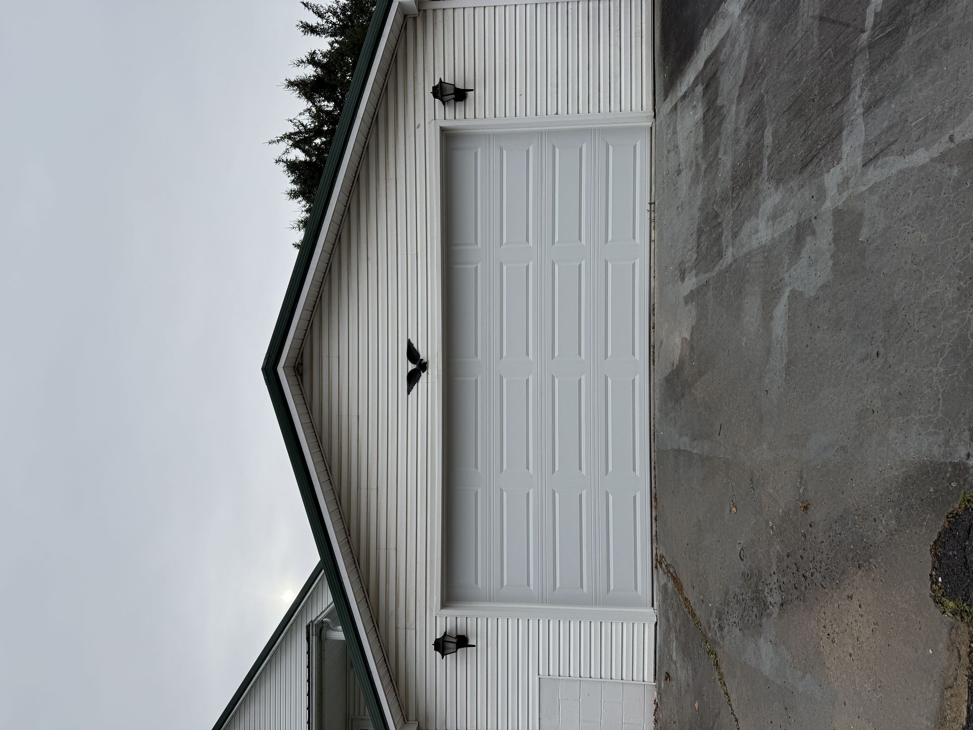 A white garage door with a black bird on it