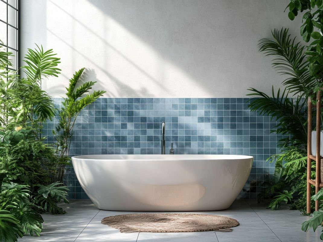 There is a bathtub in the middle of the bathroom surrounded by plants.