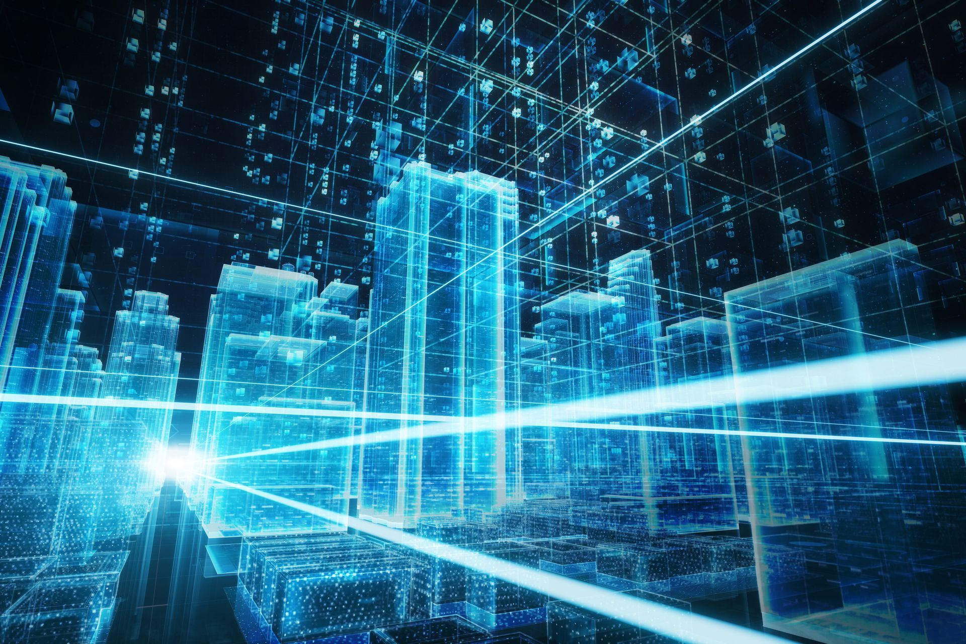 Blue Hologram of Buildings and Data, Referring To Automation Analytics