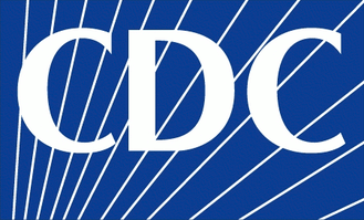 CDC logo: White letters on a blue background with radiating white lines.