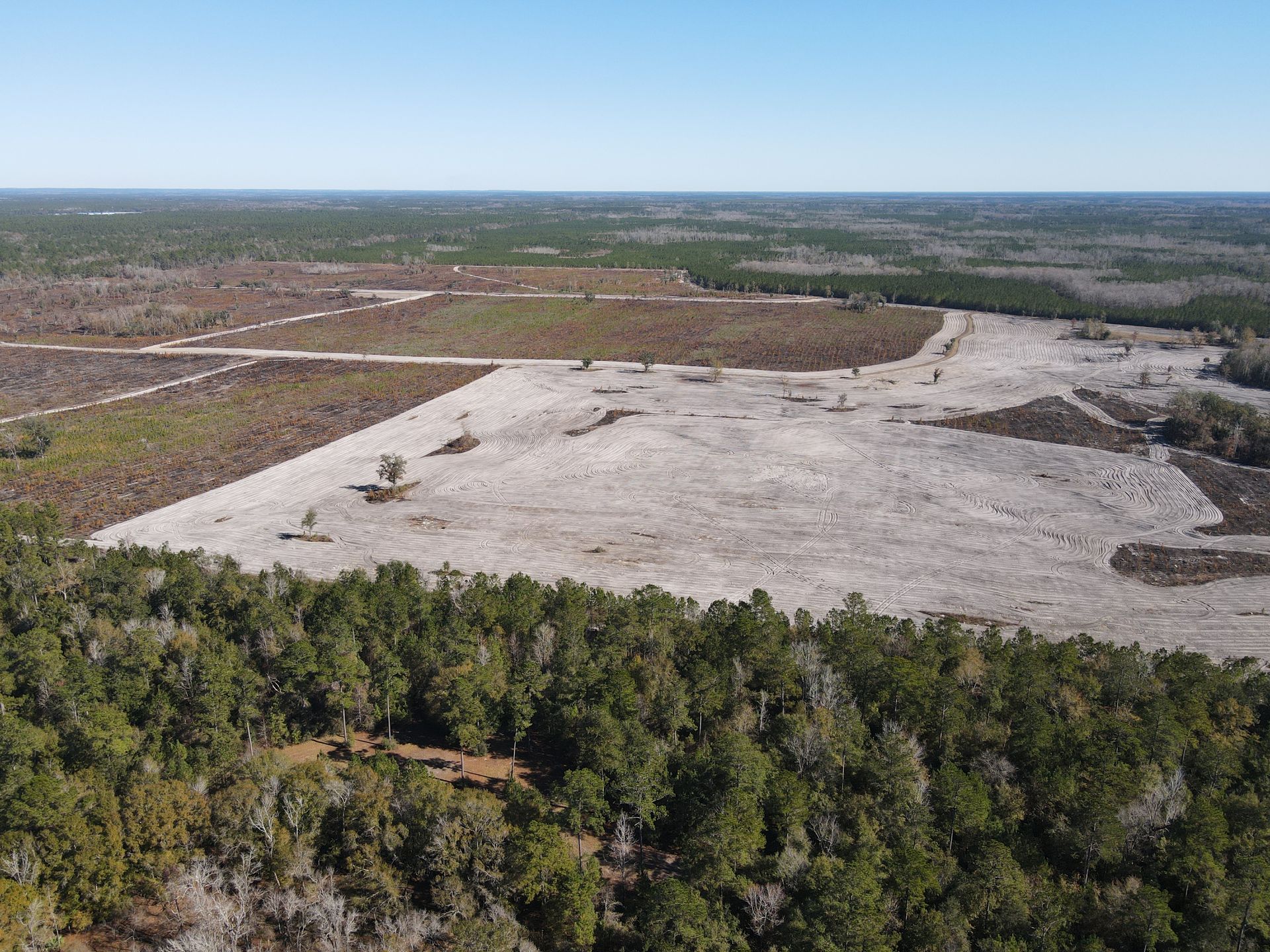 Aerial view of a cleared, sandy plot of land bordered by a dense green forest under a clear blue sky.