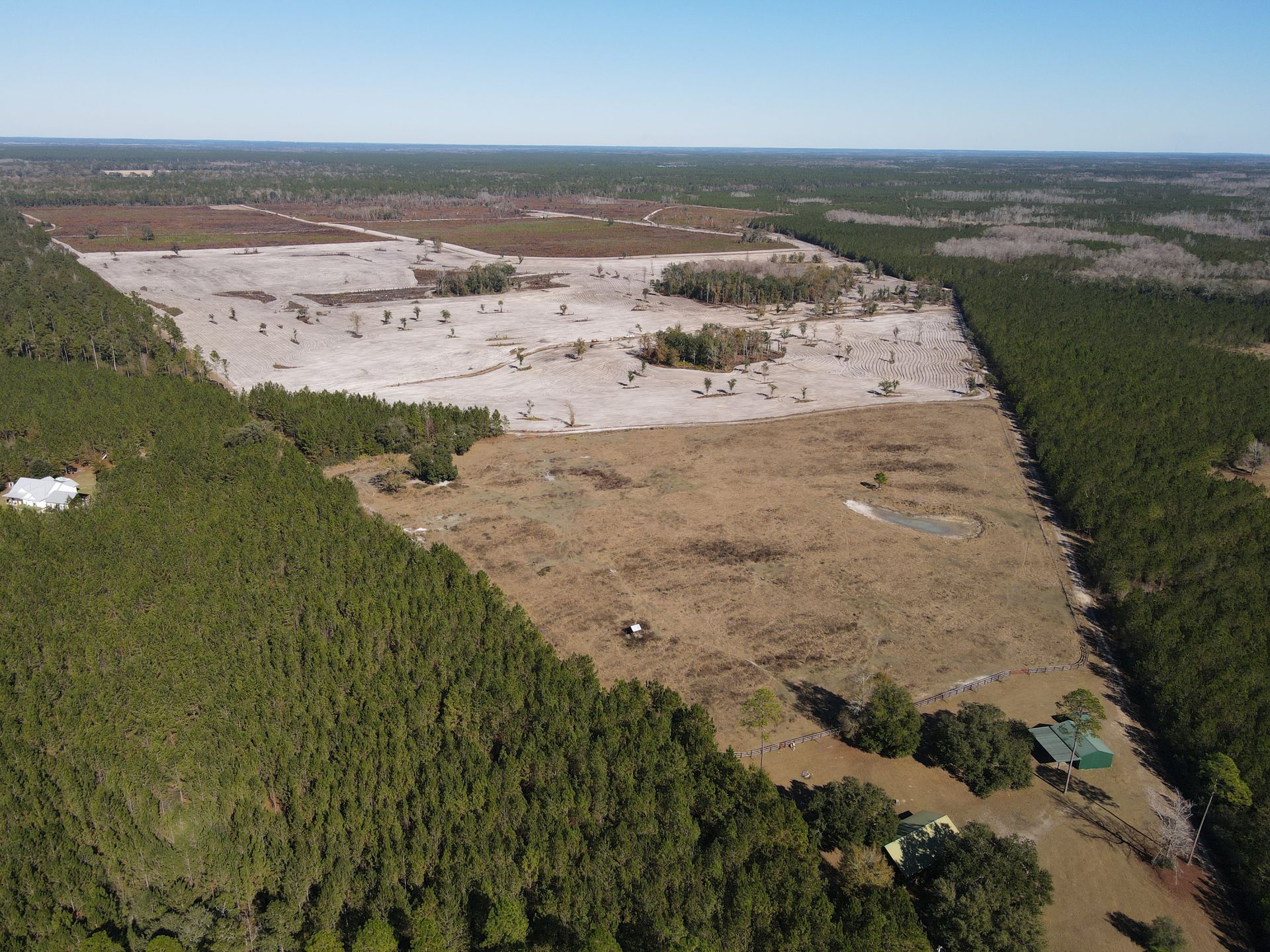 Aerial view of a clearing with exposed soil and dry grass, bordered by dense pine forests and a few small structures.