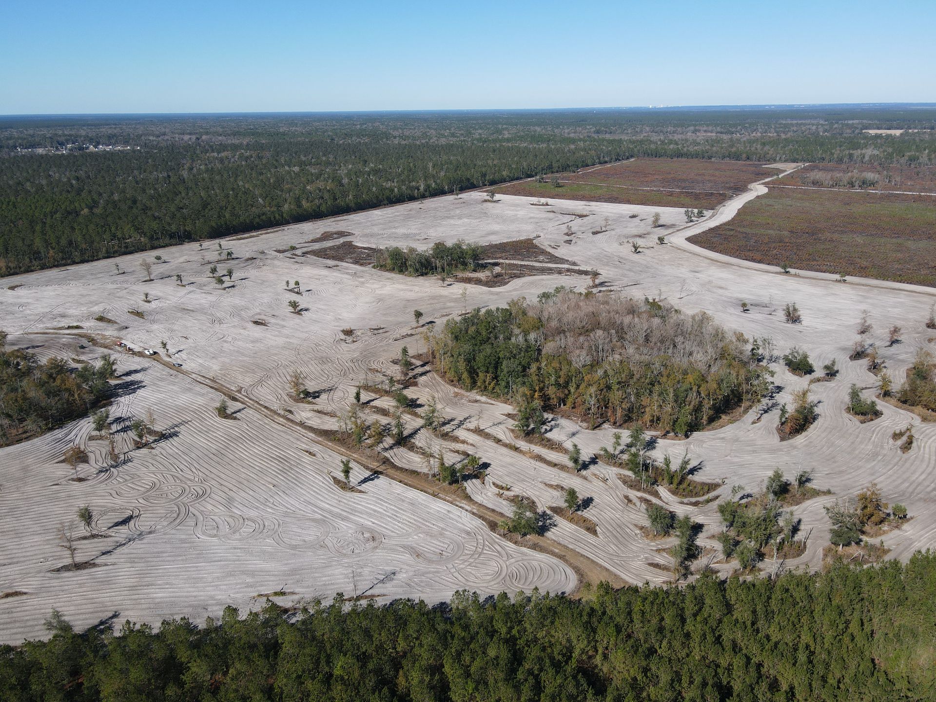 Aerial view of a partially cleared forest with sandy ground, small trees, and surrounding dense green forest sections.