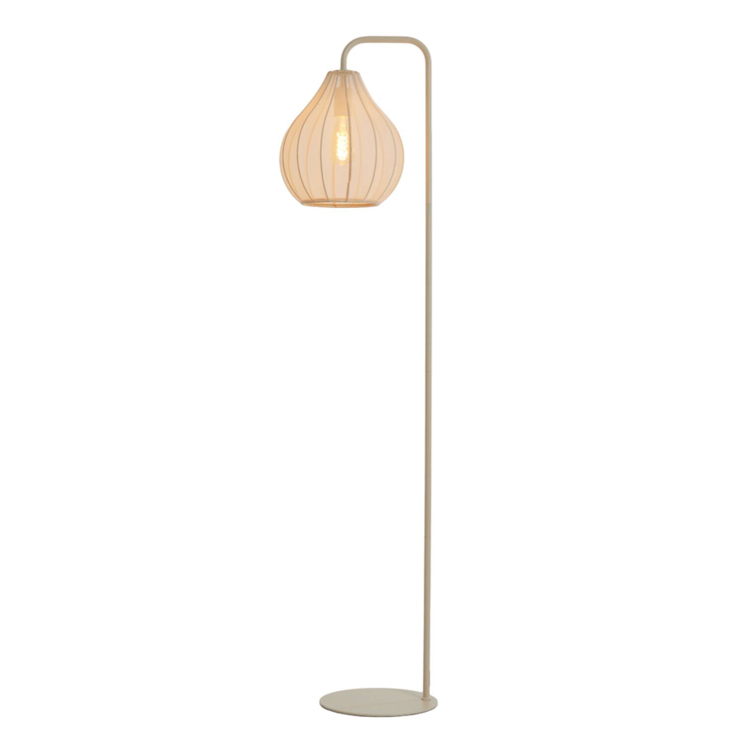 Beige vloerlamp met een druppelvormige kap, op een witte achtergrond.