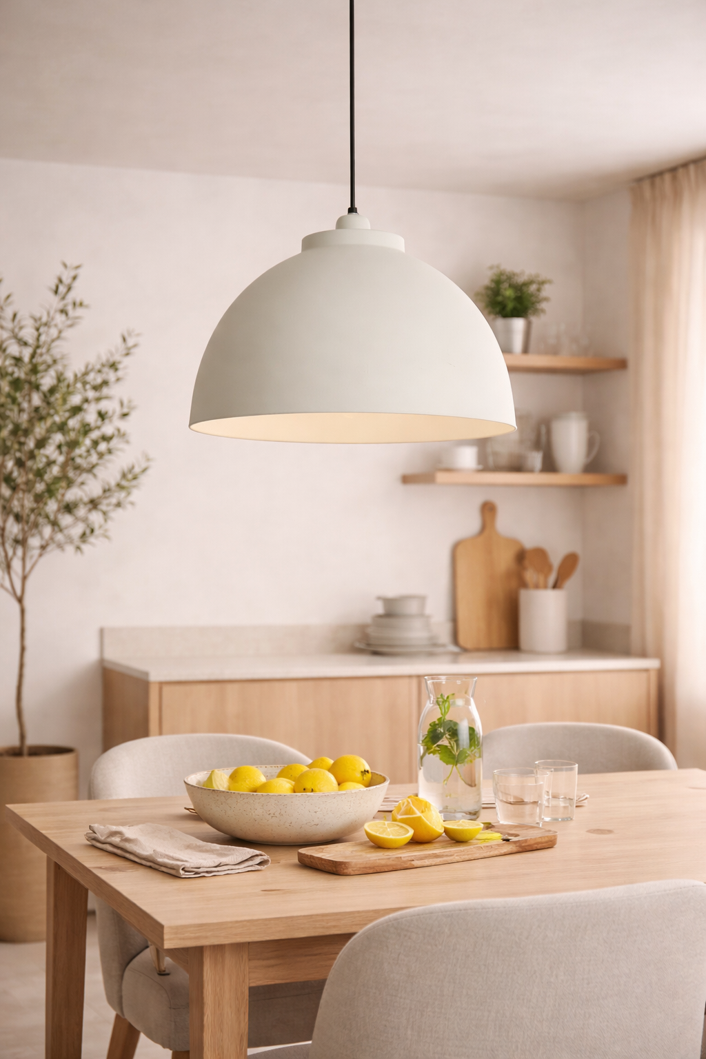 Eetkamer met een houten tafel, een schaal met citroenen, een hanglamp en een dressoir.