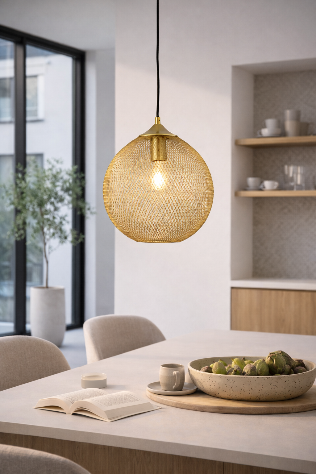 Gouden hanglamp met textuur boven een tafel met een fruitschaal en een open boek.