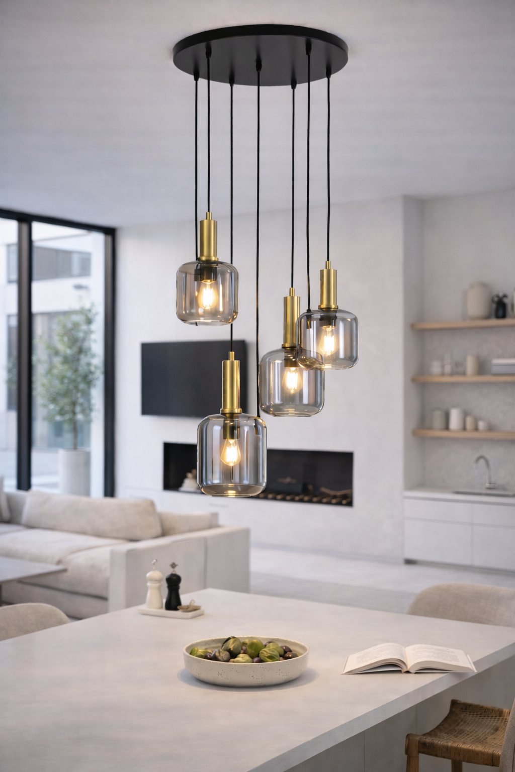 Een moderne woonkamer met een hanglamp met meerdere lichtpunten boven een keukeneiland en een open haard.