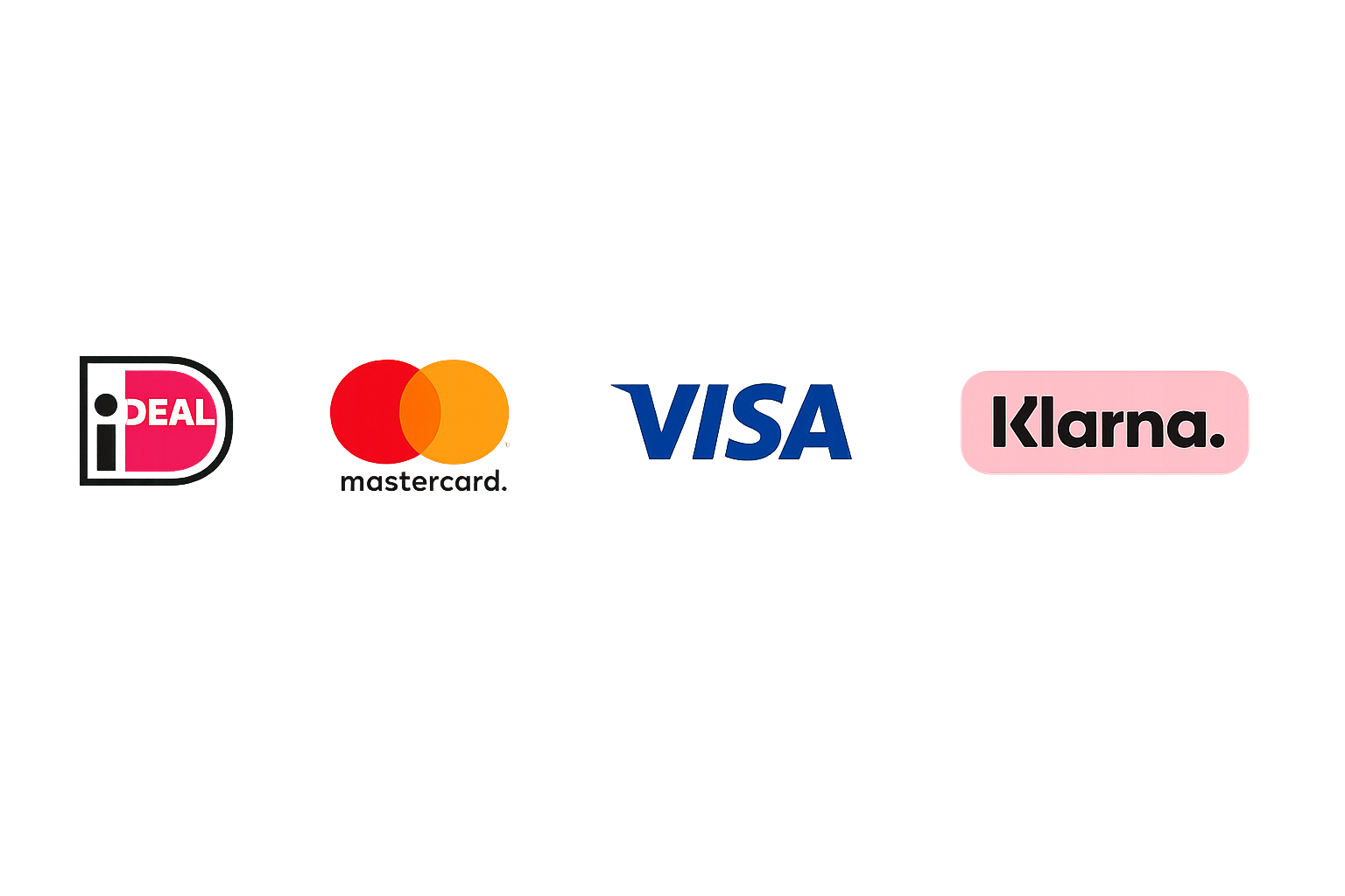 Vier betaalmethode-logo’s – iDEAL, Mastercard, Visa en Klarna