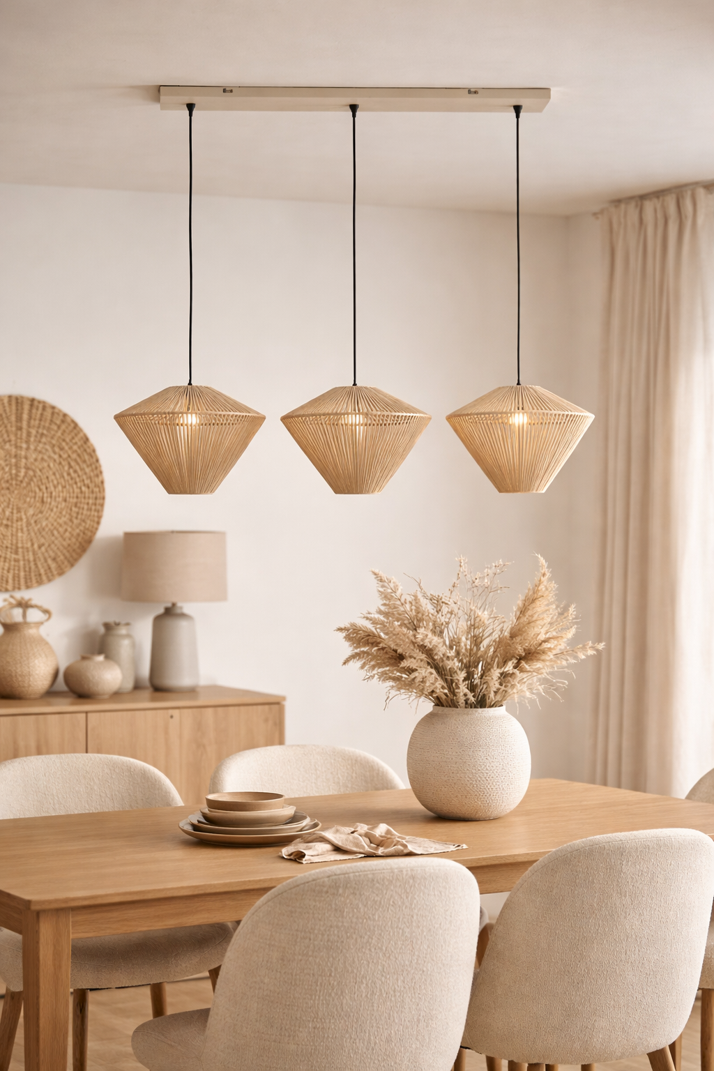 Eetkamer met houten tafel, beige stoelen en drie geweven hanglampen.