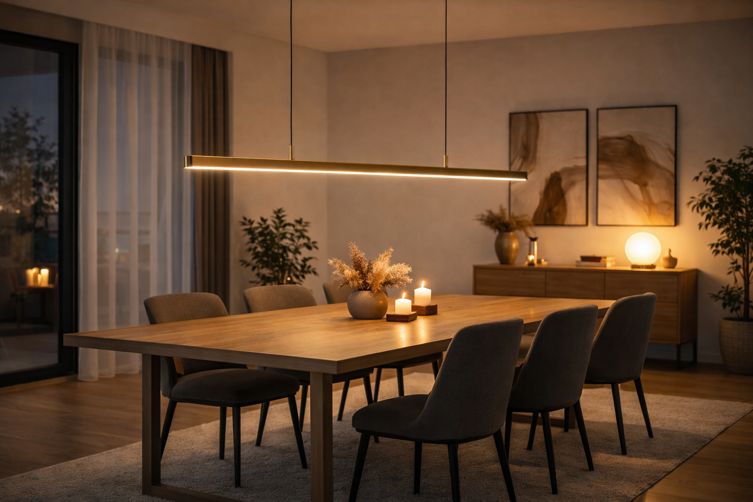 Eetkamer met een lange houten tafel, stoelen en een hanglamp.