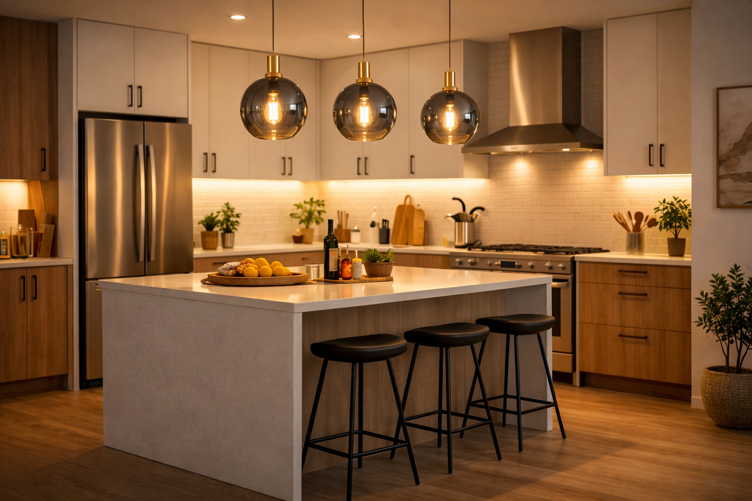 Moderne keuken met kookeiland, hanglampen, roestvrijstalen apparaten en houten kasten.