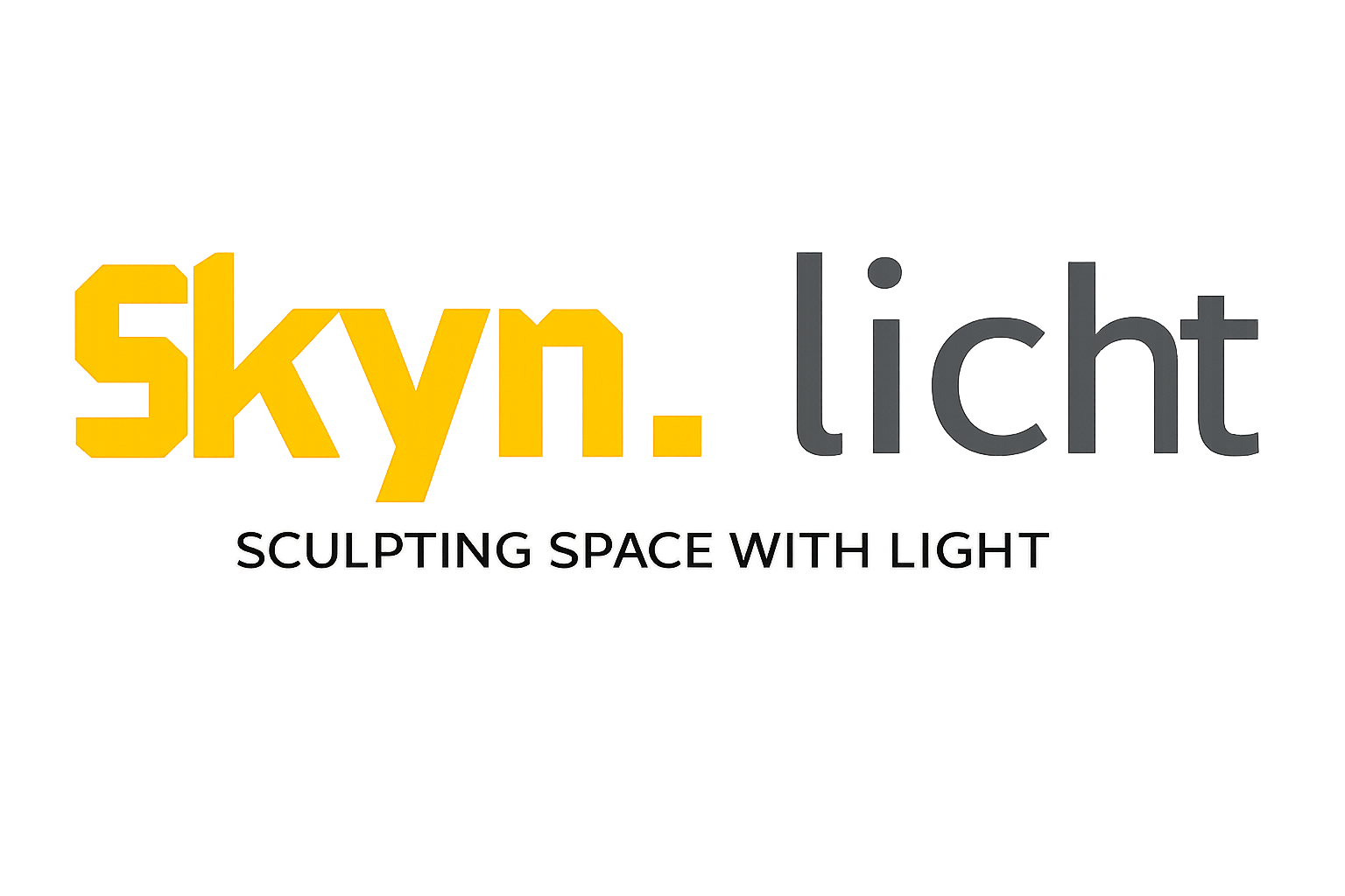 Logo voor "Skyn. Licht", met tekst in geel en grijs en de slogan "Sculpting Space with Light."