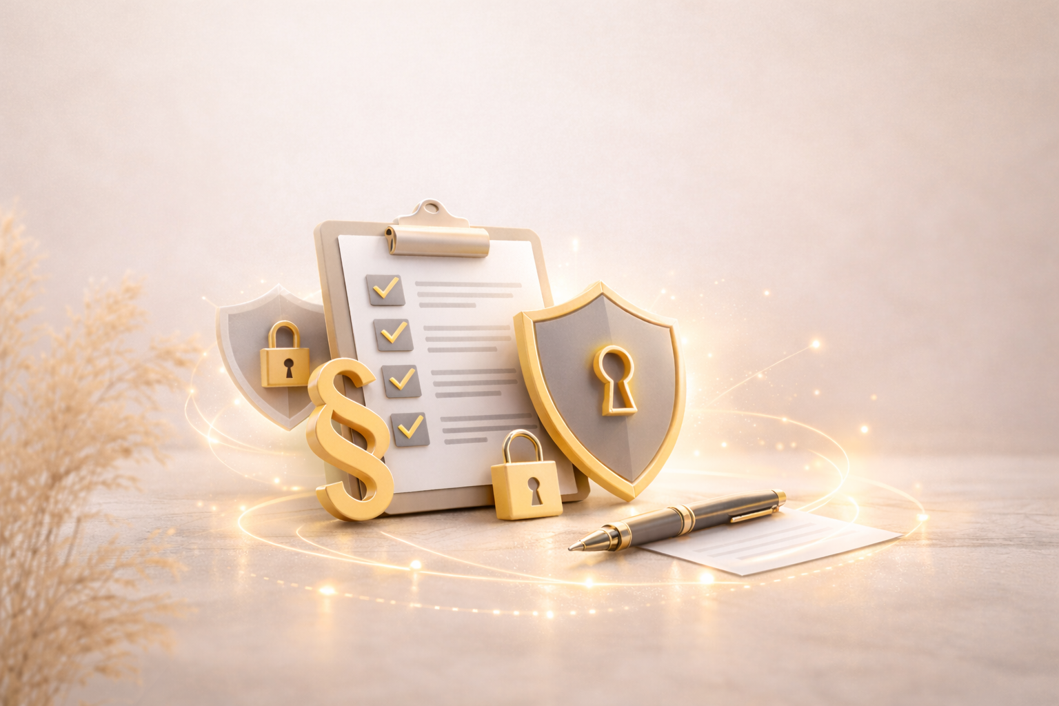 Klembord, schilden, sloten en pen met papier, wat duidt op veiligheid en juridische bescherming.