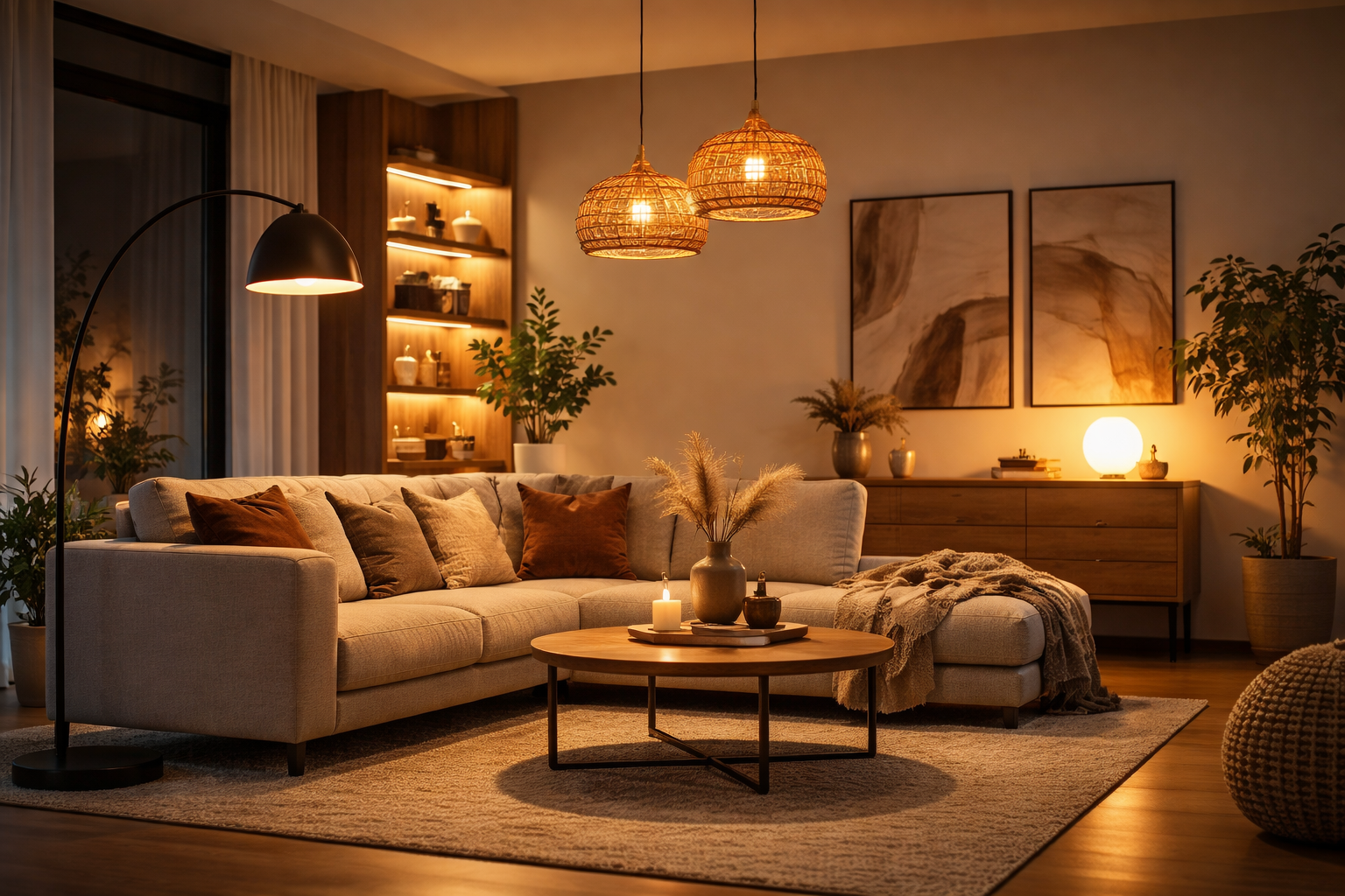 Gezellige woonkamer met neutrale kleuren, warme verlichting, een hoekbank, geweven lampen en planten.