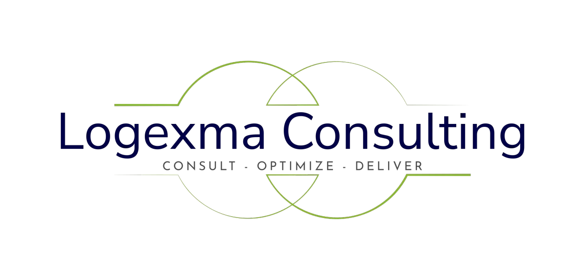 Logo van Logexma Consulting met elkaar kruisende cirkels en de slogan "Consult. Optimize. Deliver."