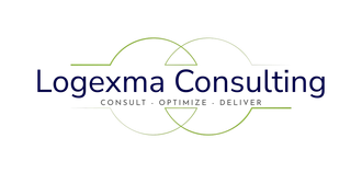 Logo van Logexma Consulting met elkaar kruisende cirkels en de slogan "Consult. Optimize. Deliver."