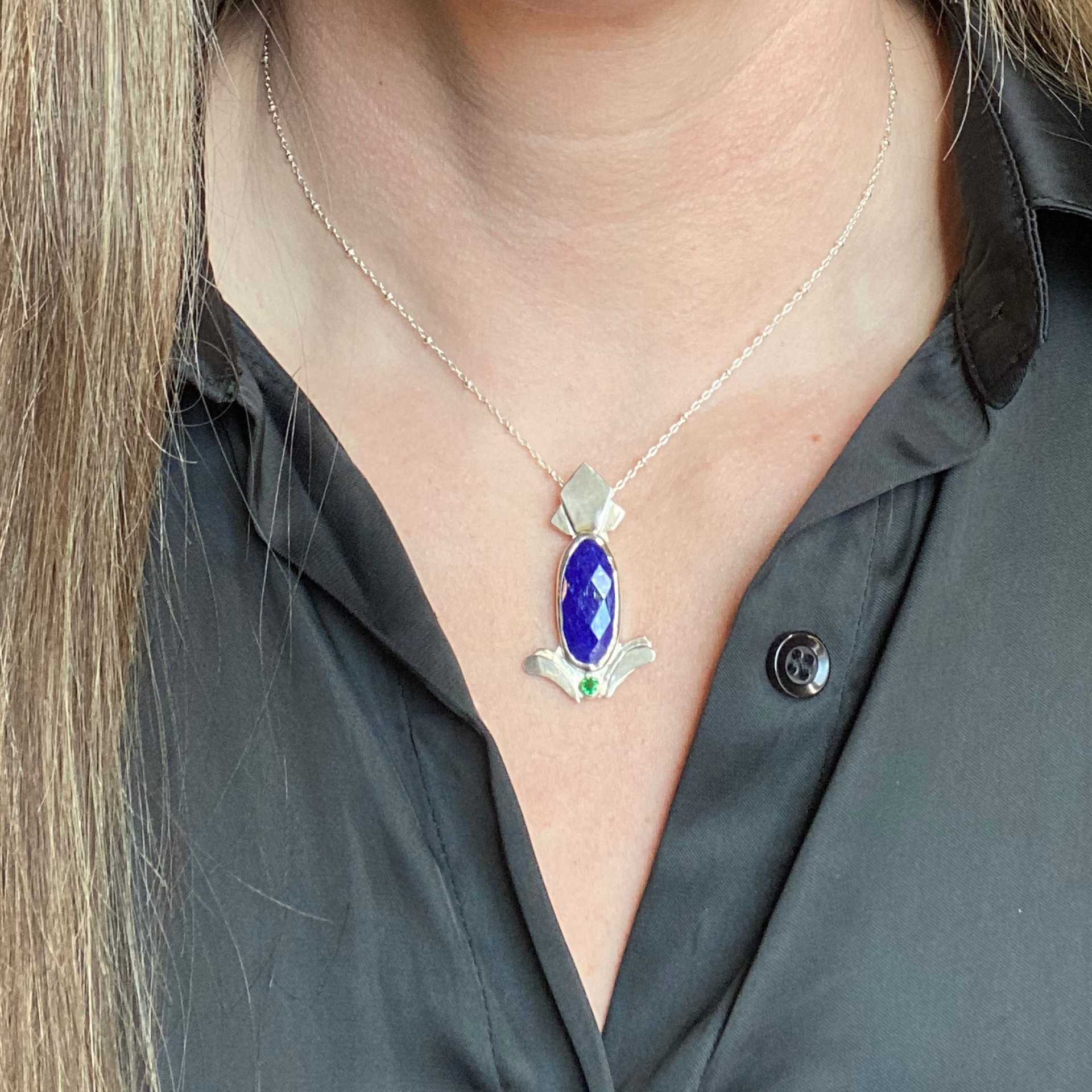 Silver pendant with a dark blue oval stone, Wild Sunflower Silver Handmade Jewelry