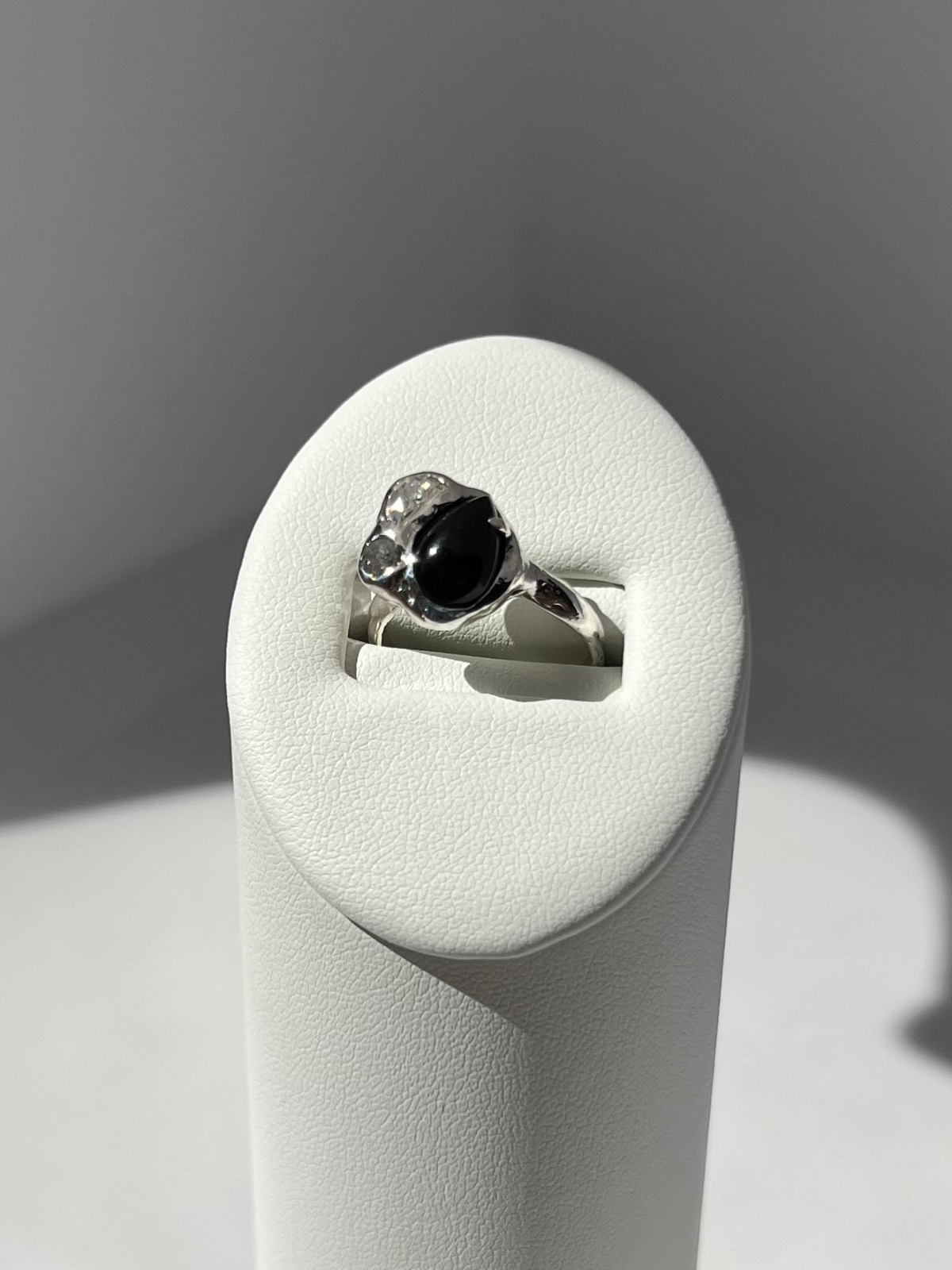 Black Onyx, Moissanite and Salt & Pepper Diamond Orbit Ring Wild Sunflower Silver