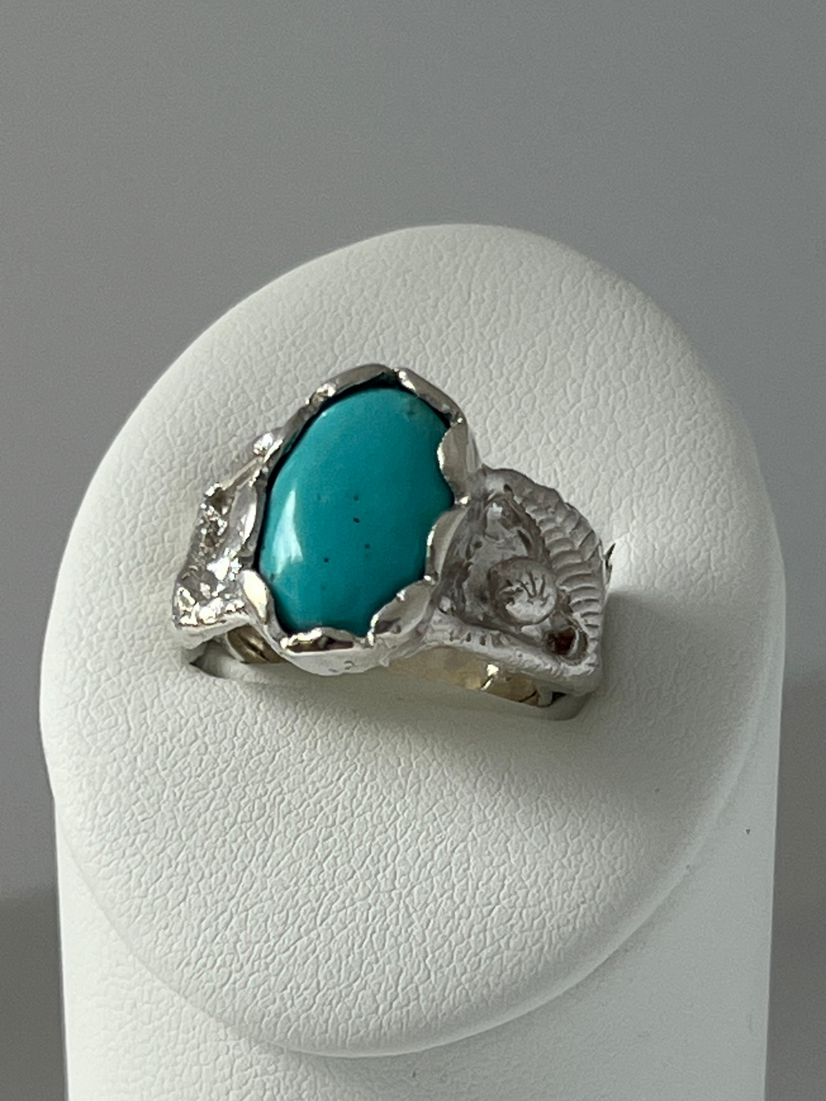 Custom jewelry design with Wild Sunflower Silver. Kingman Turquoise custom ring.