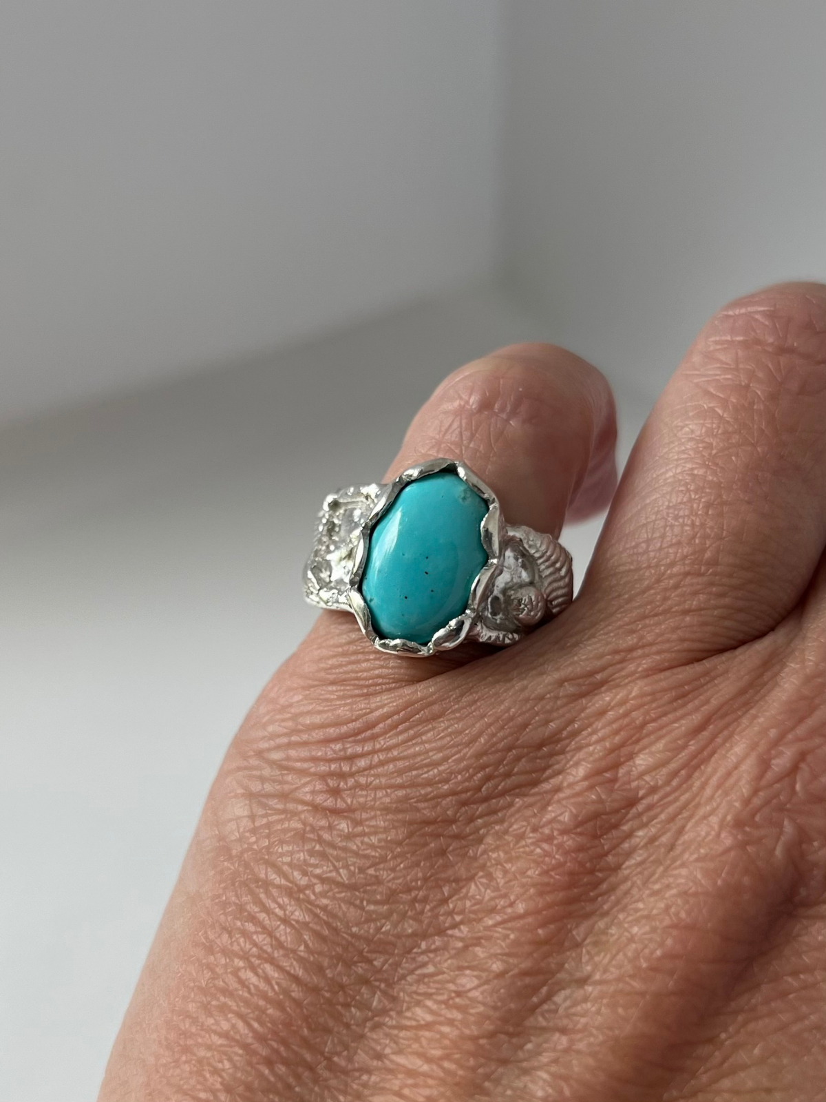 Custom jewelry design with Wild Sunflower Silver. Kingman Turquoise custom ring.