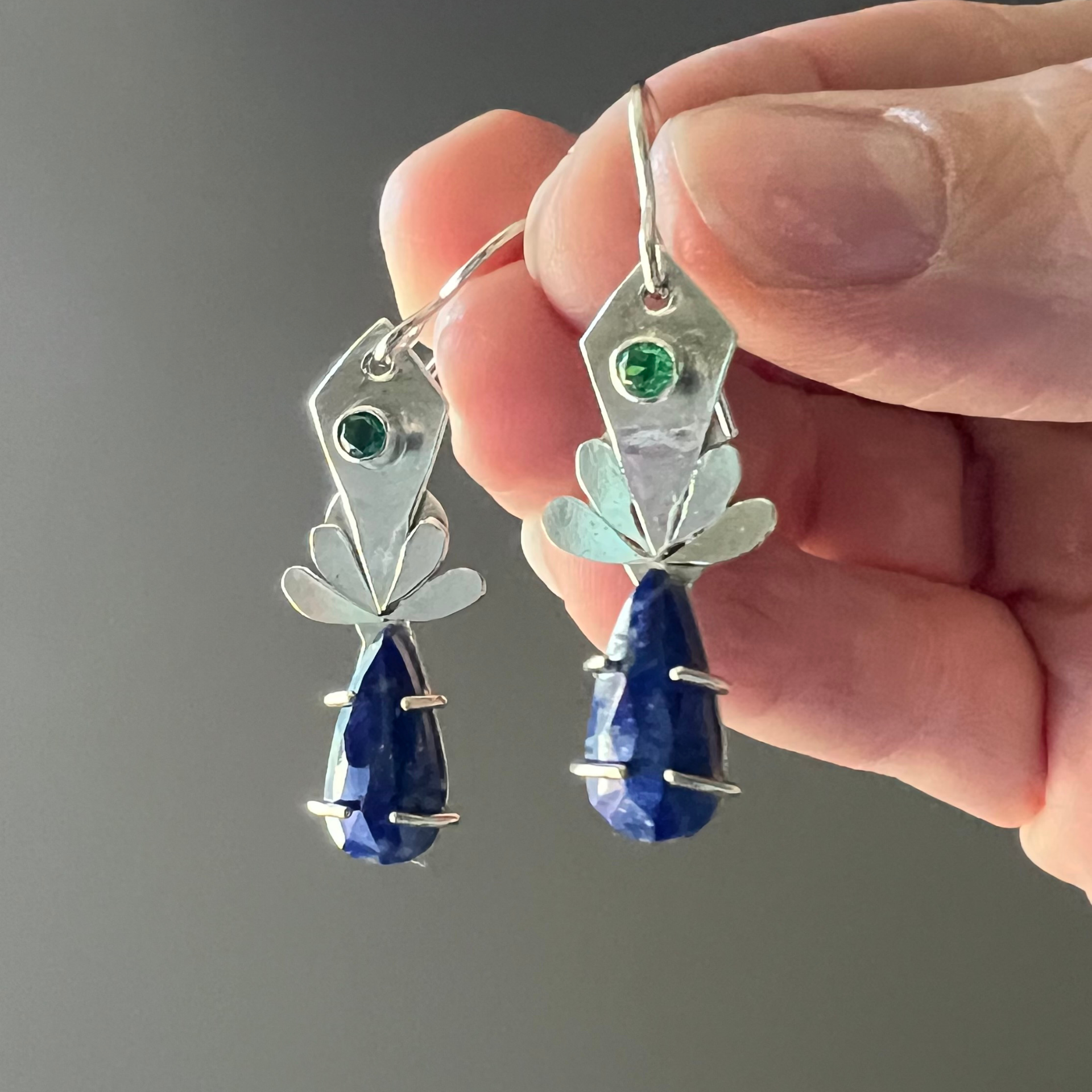 Silver earring with a teardrop-shaped blue stone, green gem Wild Sunflower Silver Handmade Jewelry
