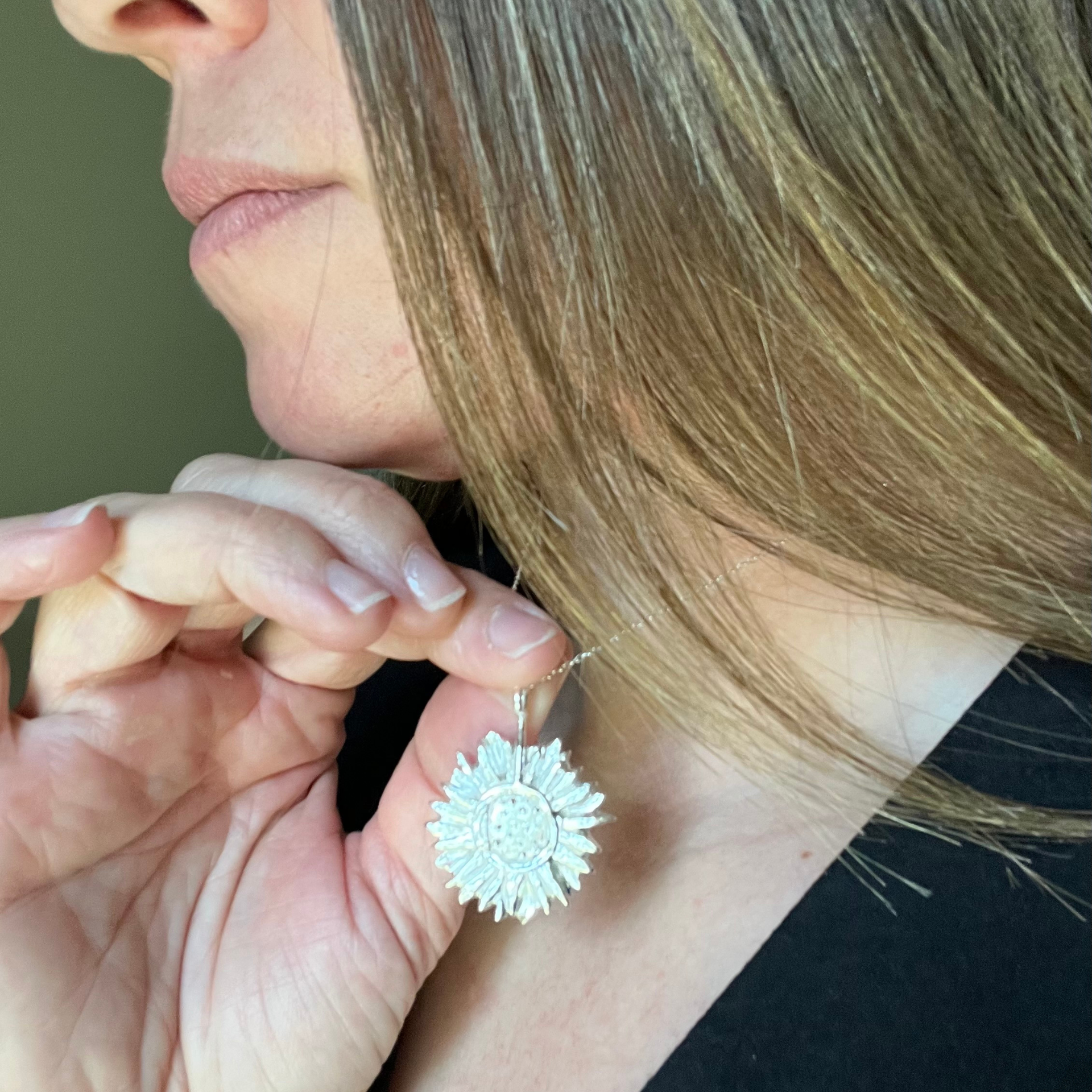 Silver sunflower pendant on a chain, Wild Sunflower Silver Handmade Jewelry.