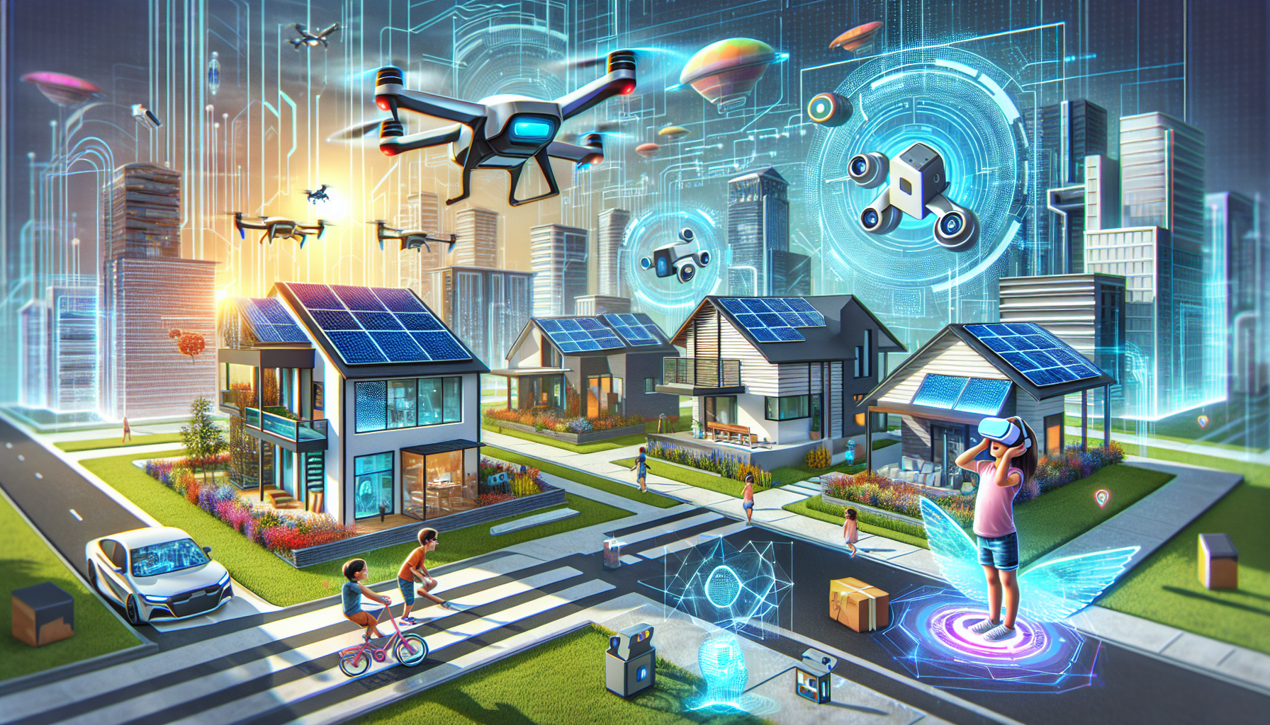 An illustration of a futuristic city with drones flying over houses.