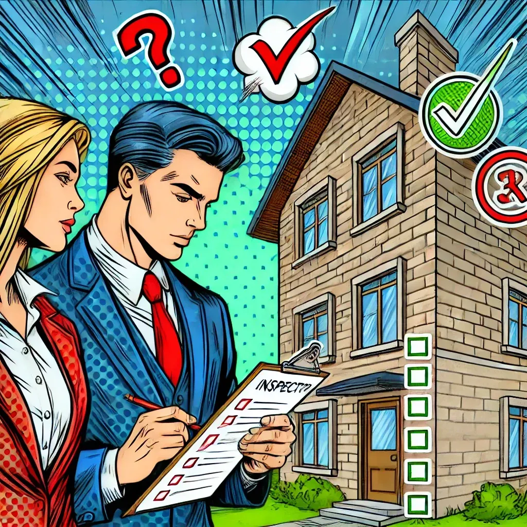 A man and a woman are looking at a clipboard in front of a house.