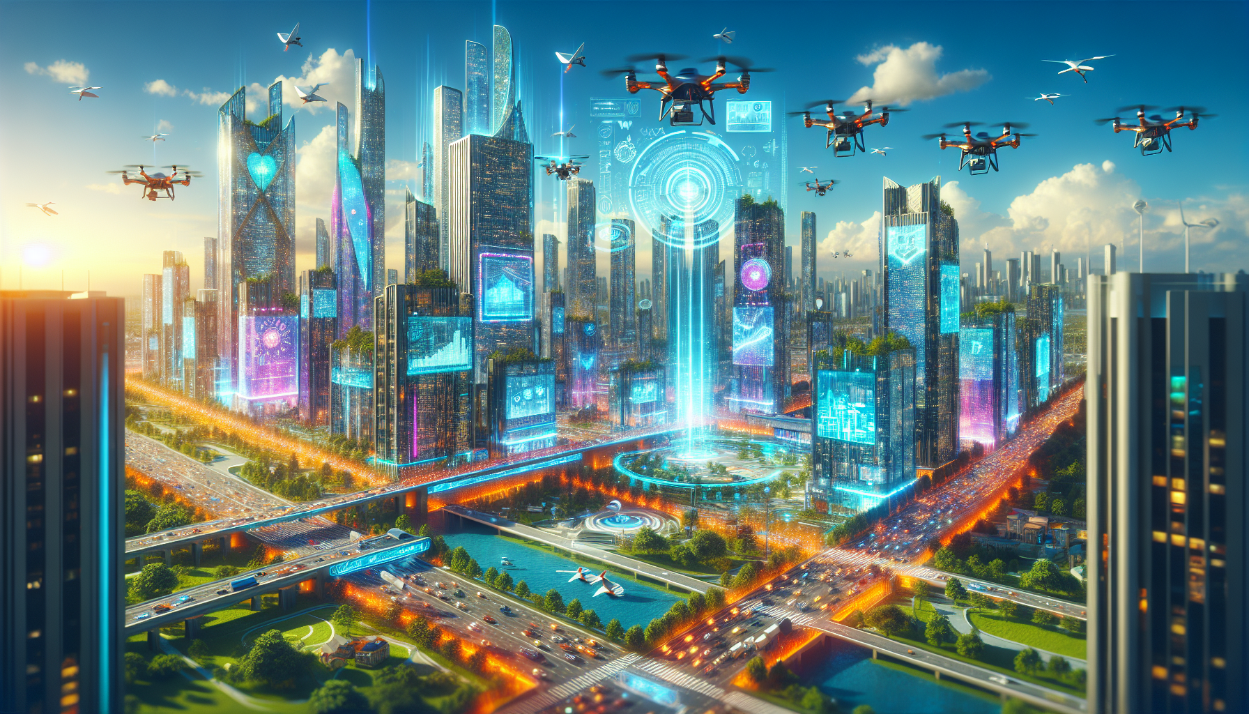 An aerial view of a futuristic city with drones flying over it.