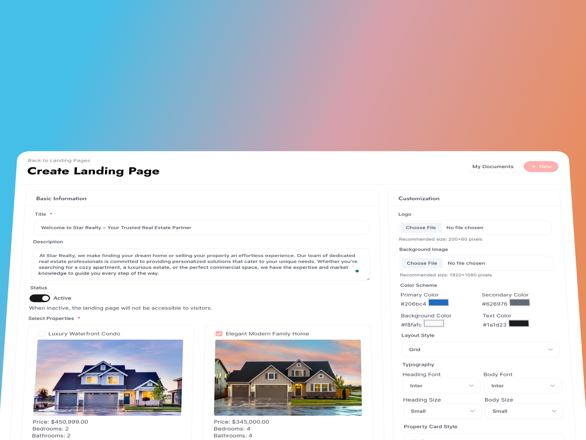 A landing page with a picture of a house on it.