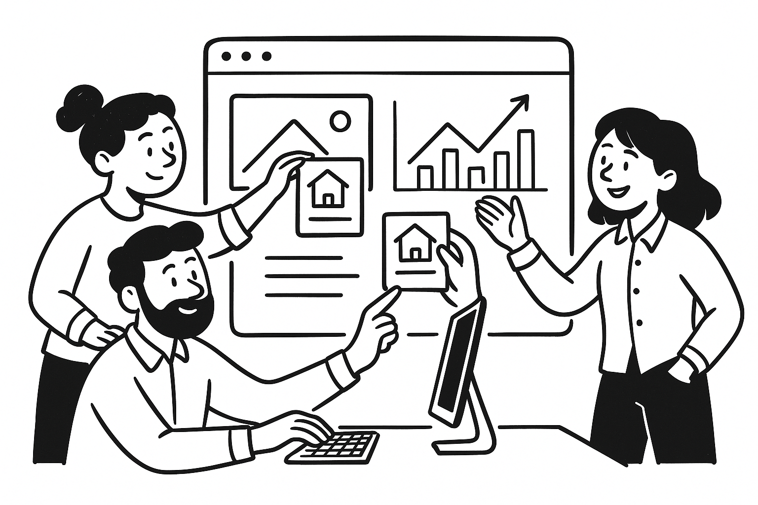 Three people analyzing data on a computer, pointing and discussing charts and housing listings.