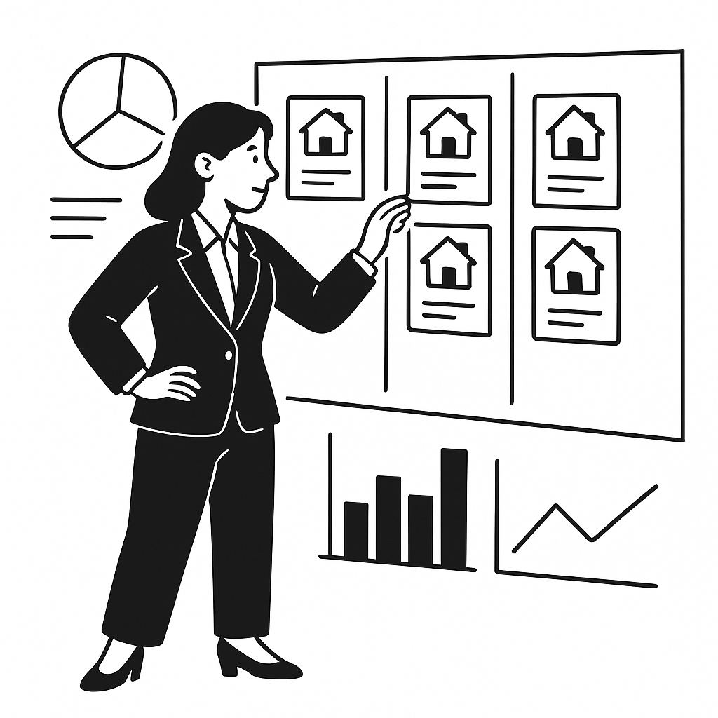 Woman in a suit points at house listings on a board, with graphs and a pie chart.