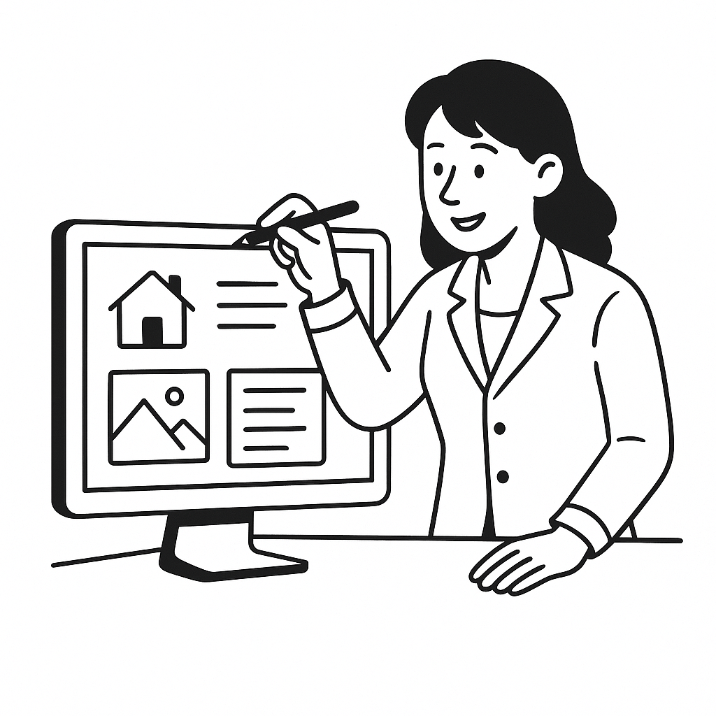 Woman designing a website interface on a computer, with a house and image icon.