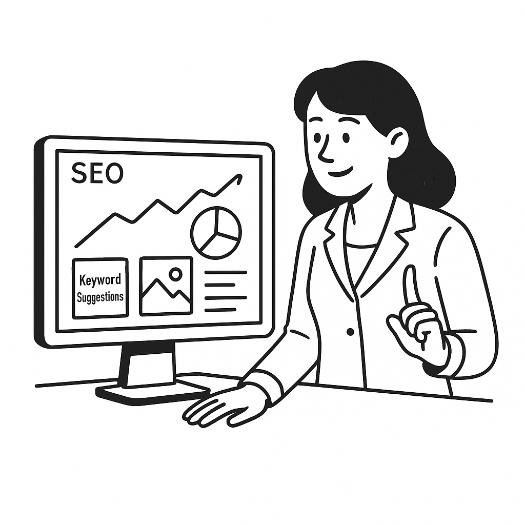 Woman analyzing SEO data on a computer, pointing upwards.