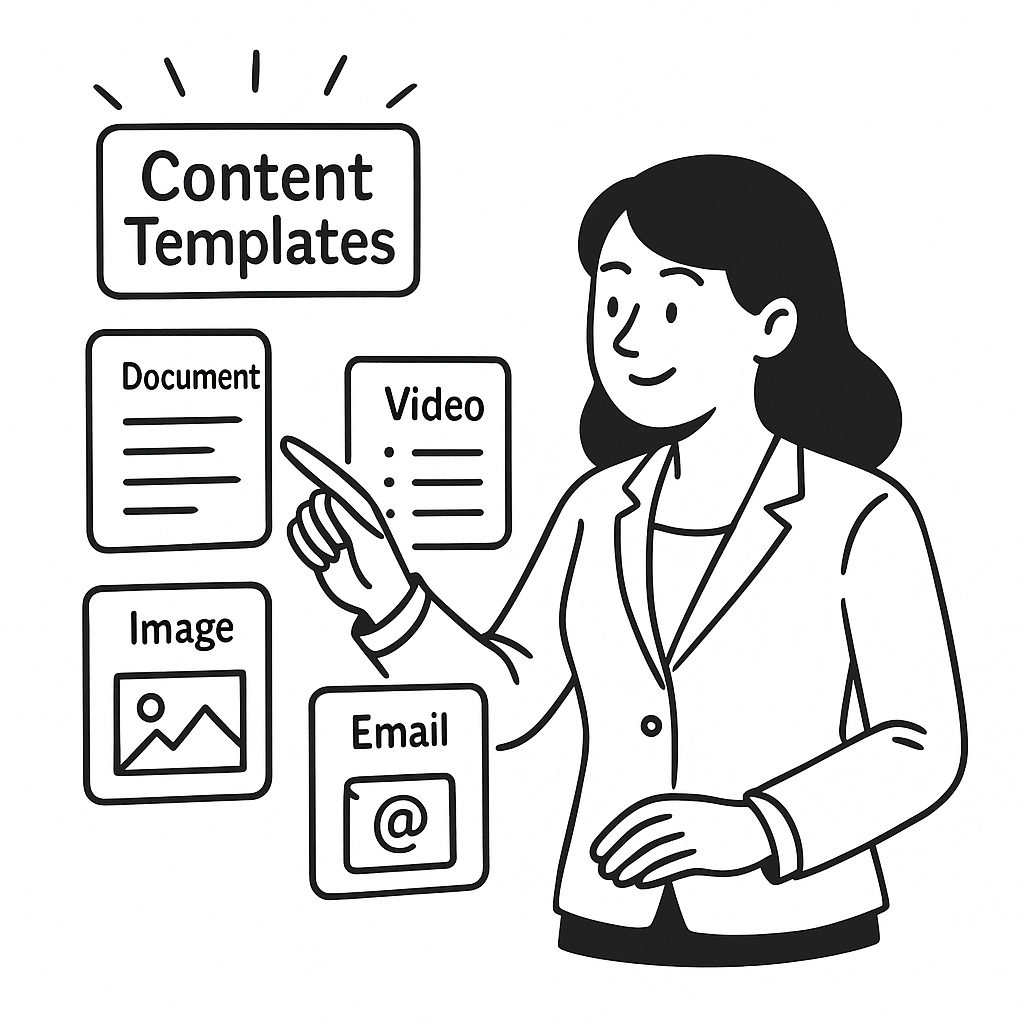 Woman pointing to various content templates: document, video, image, and email.
