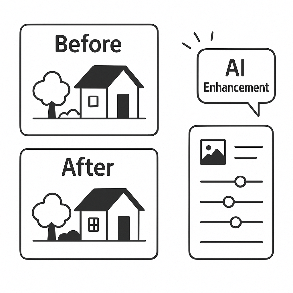 Comparison of a house illustration before and after AI enhancement, with adjustment controls.